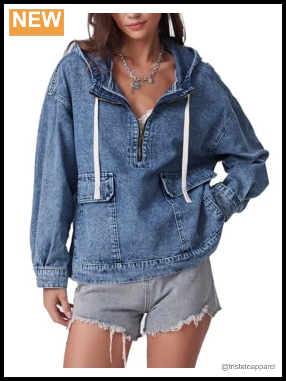 Kedera Women's Oversized Half Zip Denim Hoodie Jacket with Pockets